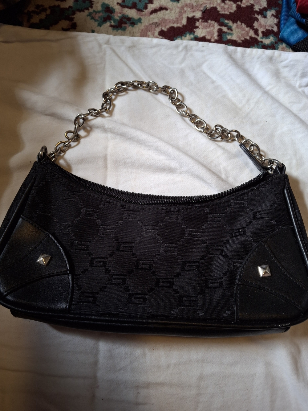 2K Black Monogram Jacquard Chain Shoulder Bag Studded Purse